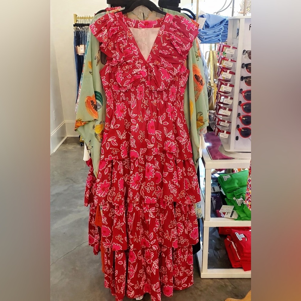 Victoria Dunn cotton maxi floral tiered dress in red pink ruffle sleeve size xl